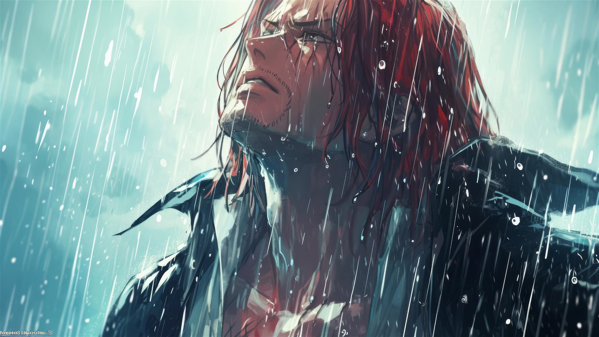 Shanks from One Piece in the rain looking at the stormy sky