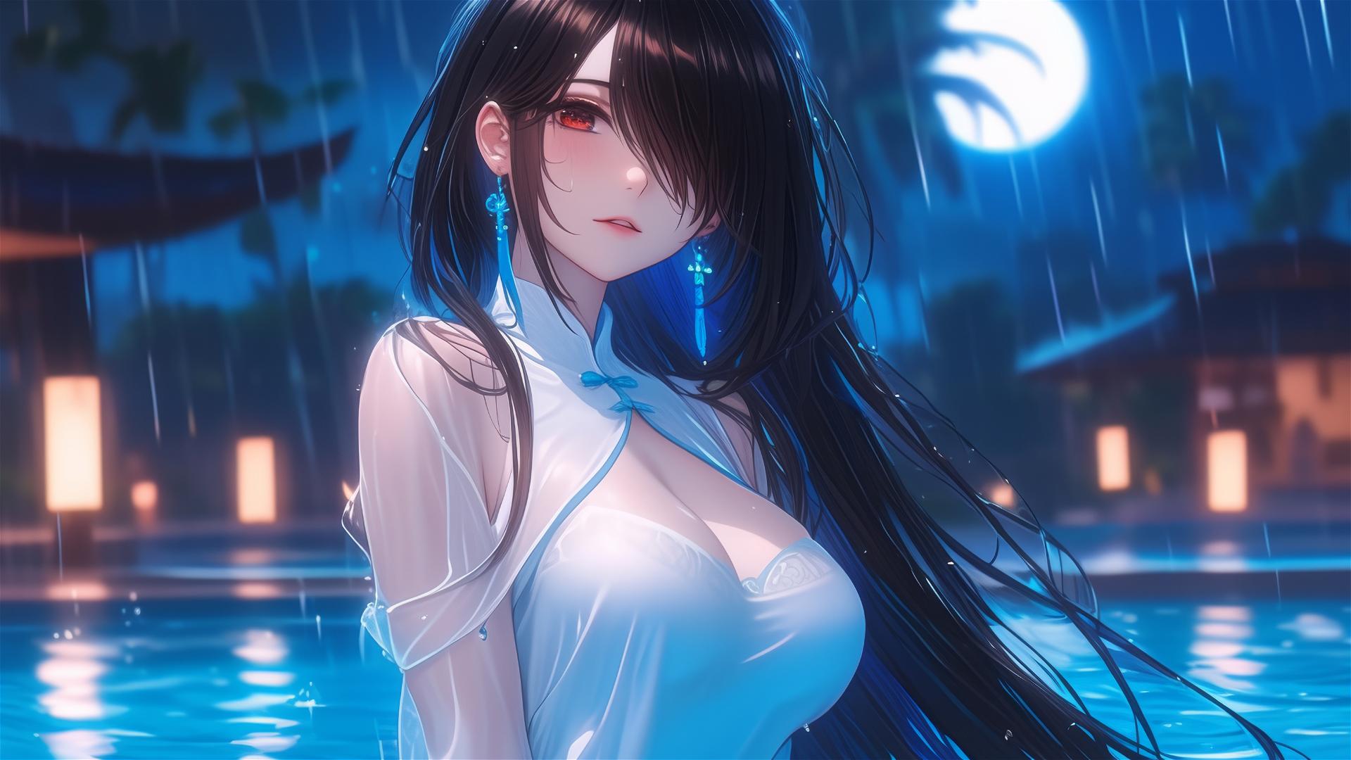 Kurumi Tokisaki in rainy pool with moonlight glow, white dress, one red eye
