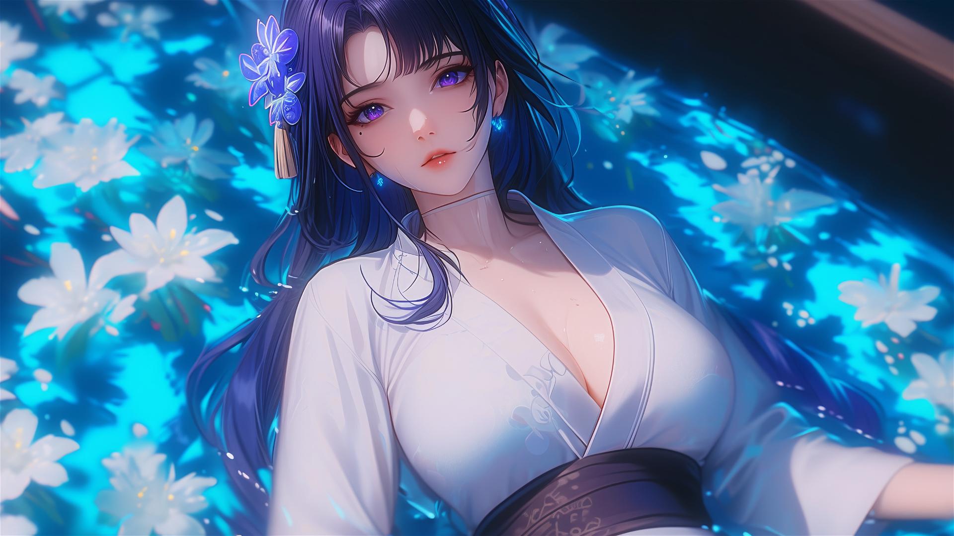 Raiden Shogun from Genshin Impact in a flower-filled tub, Chinese spa.