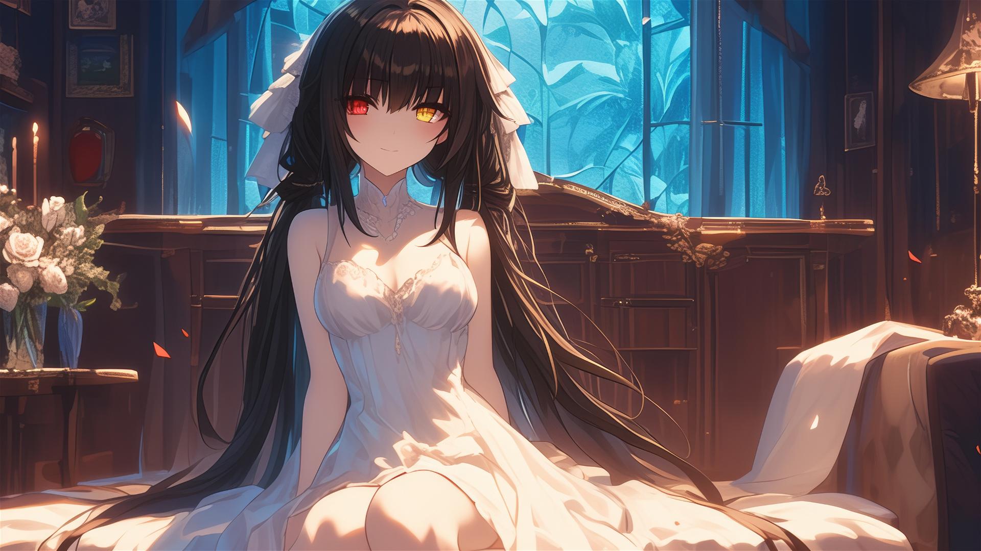 Kurumi Tokisaki standing in moonlit bedroom, dress in white, one red and yellow eye