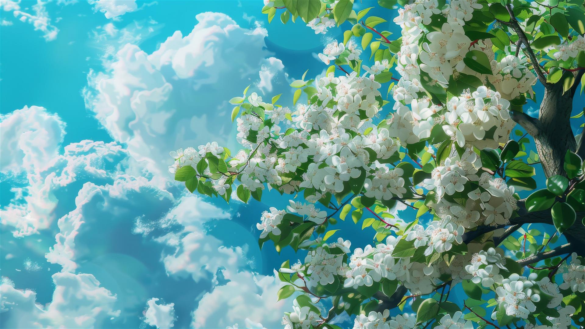 Oil painting of a blooming tree under a blue sky with clouds