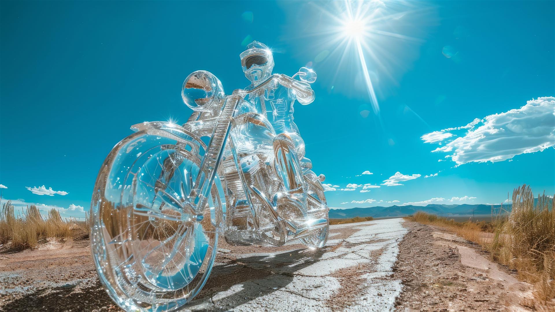 Glass motorcycle rider sculpture on mountain road with blue sky